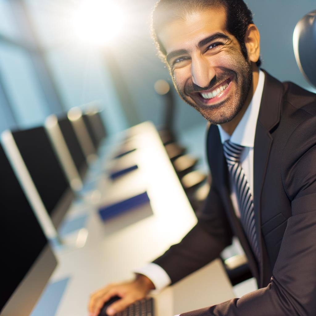business guy sitting on a computer workstation and looks happy into the camera